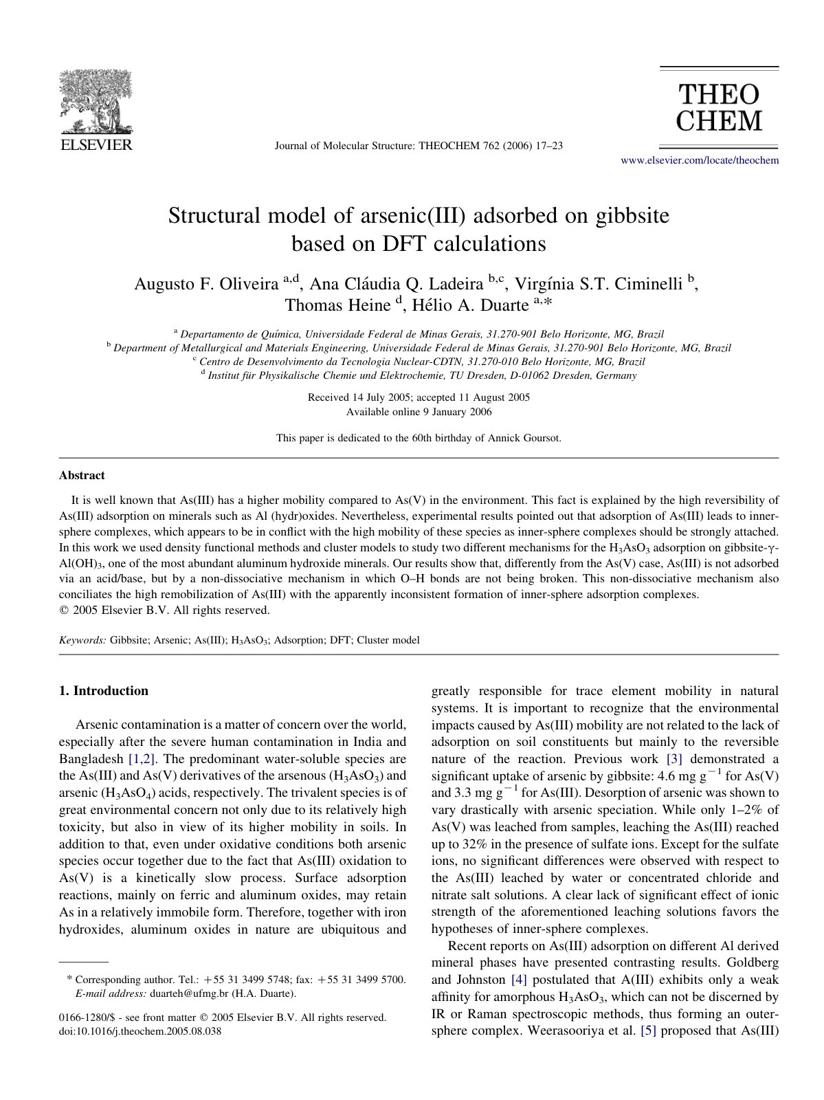 First page of Structural model of arsenic III adsorbed