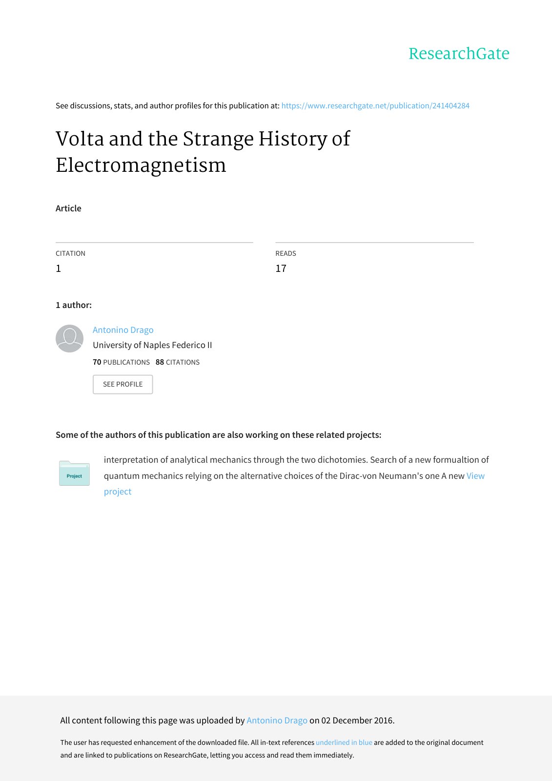First page of Volta and the Strange History of Electromagnetism