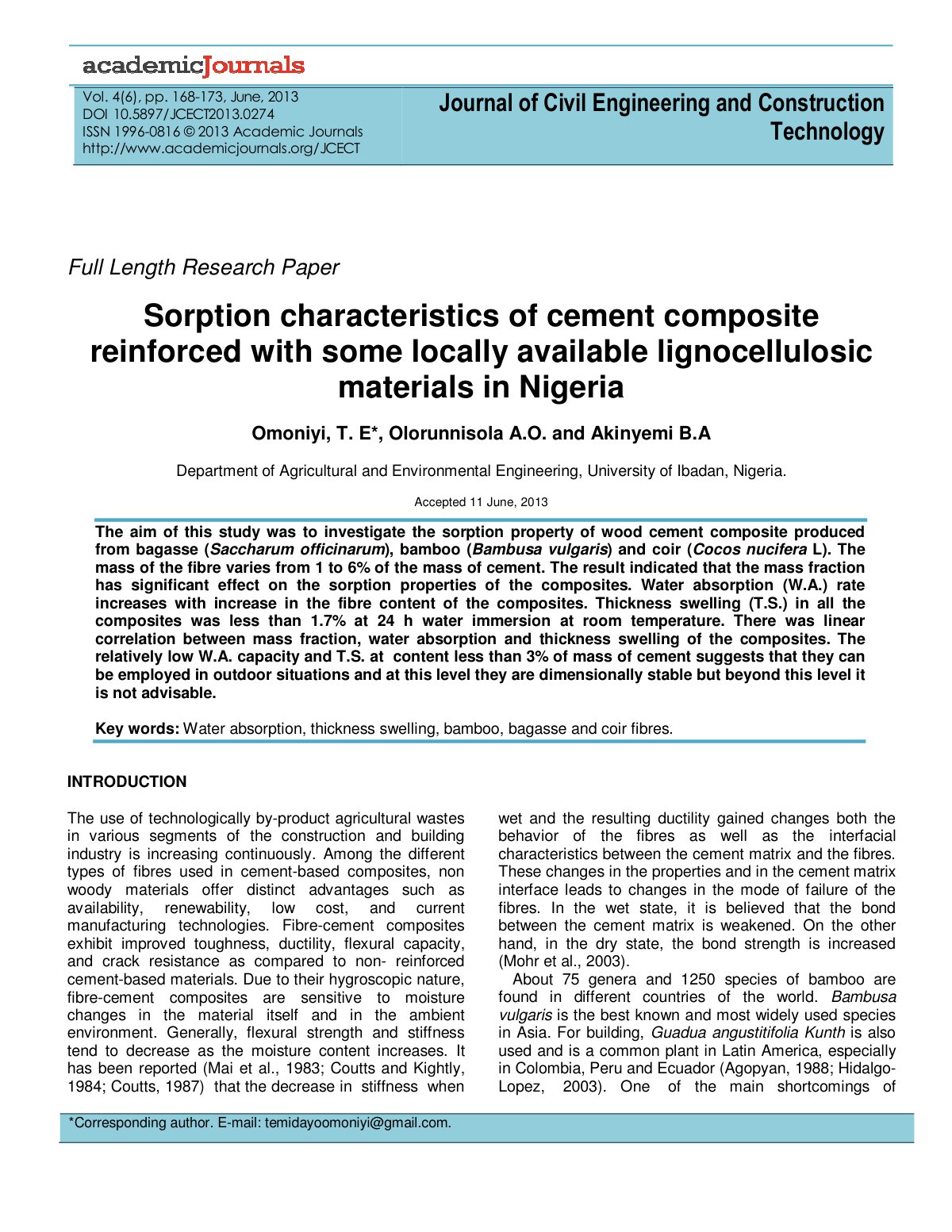 First page of Sorption characteristics of cement composite reinforced with some locally available lignocellulosic materials in Nigeria