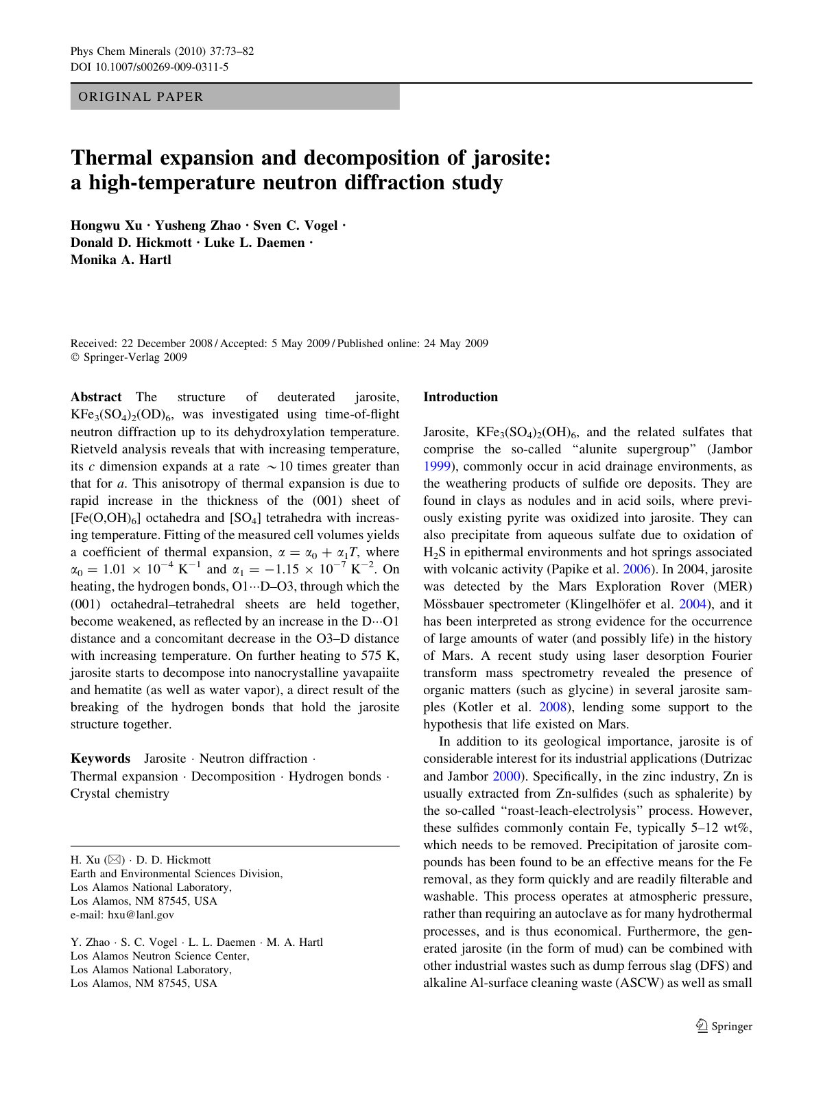 First page of Thermal expansion and decomposition of jarosite: a high-temperature neutron diffraction study