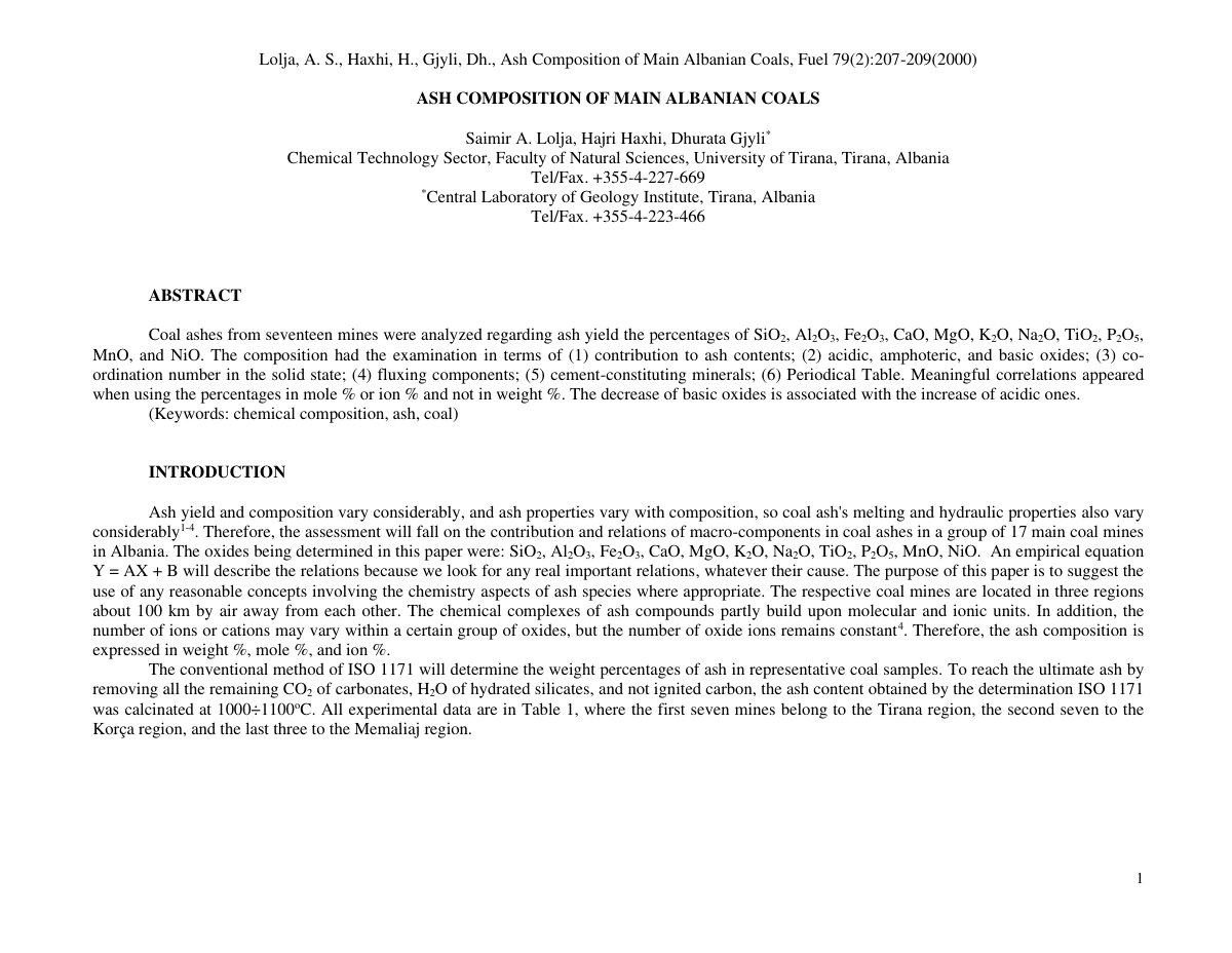 First page of Ash composition of main Albanian coals