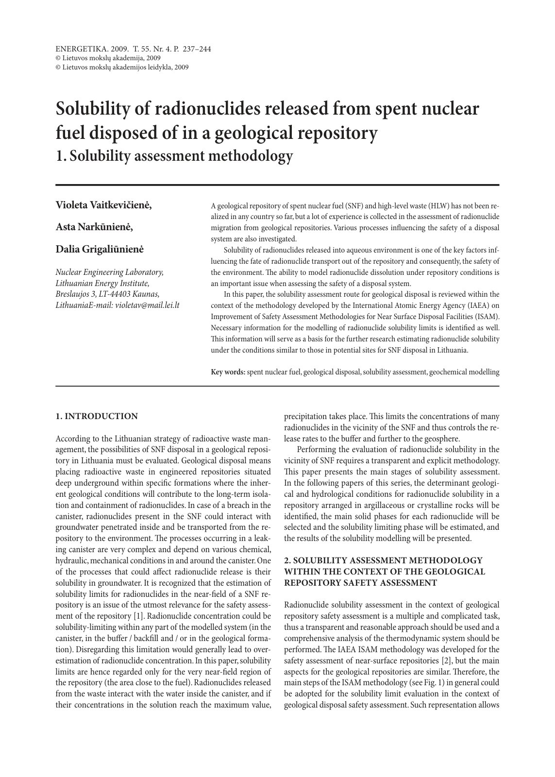 First page of Solubility of radionuclides released from spent nuclear fuel disposed of in a geological repository