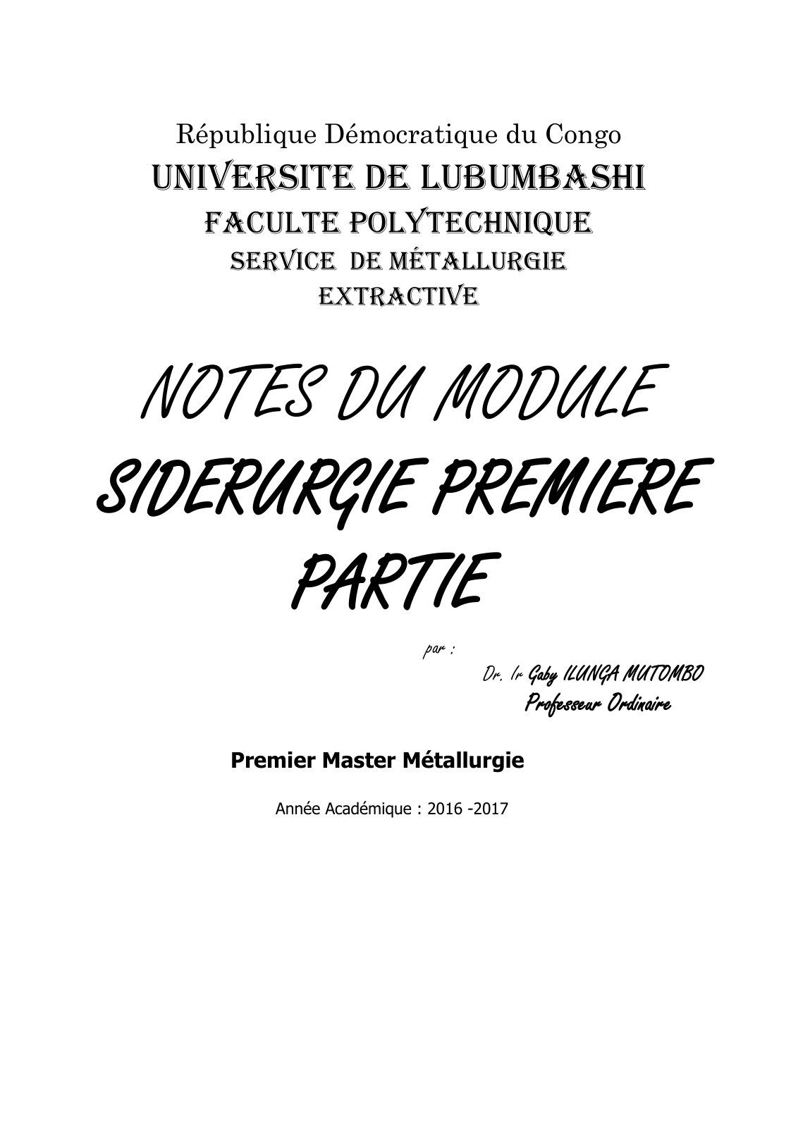 First page of 685384098 Cours de Siderurgie 1er Master 2016 2017