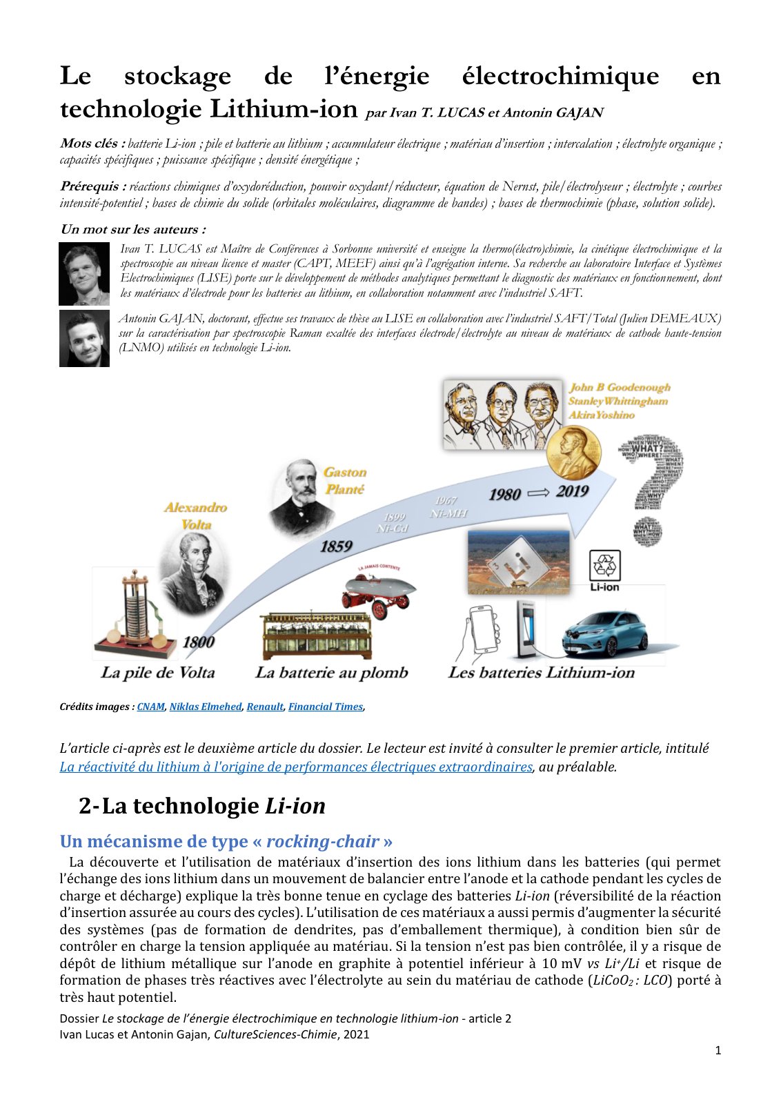 First page of Le stockage de l’énergie électrochimique en technologie lithium-ion - article 2