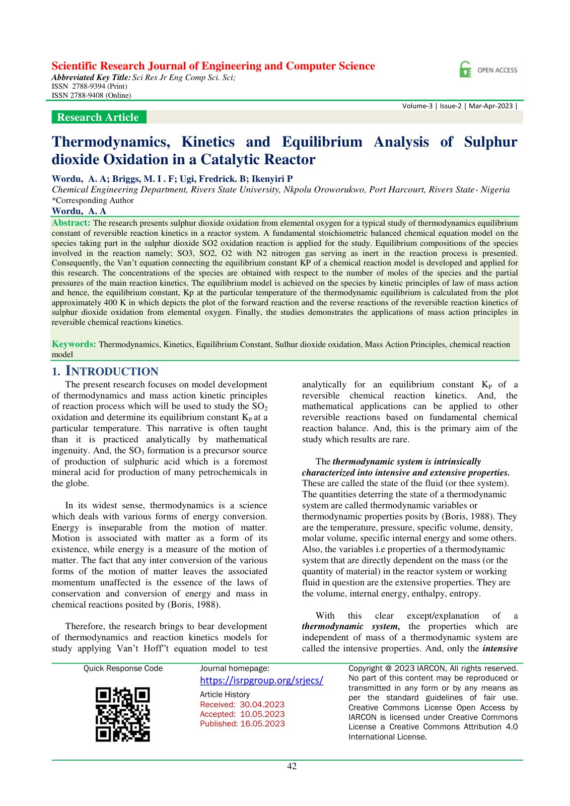 First page of Thermodynamics, Kinetics and Equilibrium Analysis of Sulphur dioxide Oxidation in a Catalytic Reactor