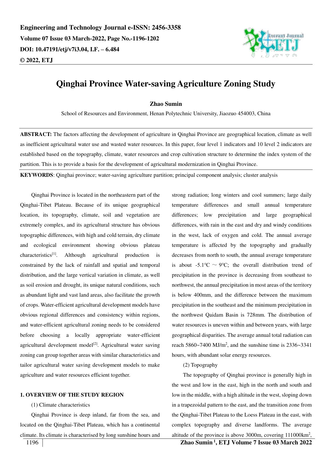 First page of Qinghai Province Water saving Agriculture Zoning Study