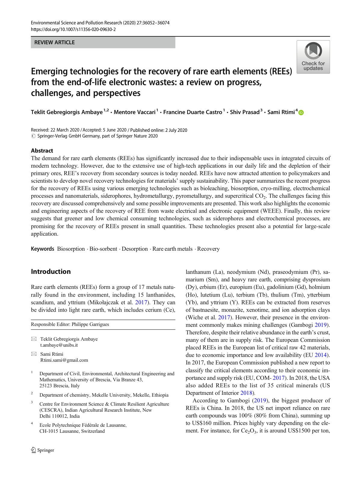 First page of Emerging technologies for the recovery o