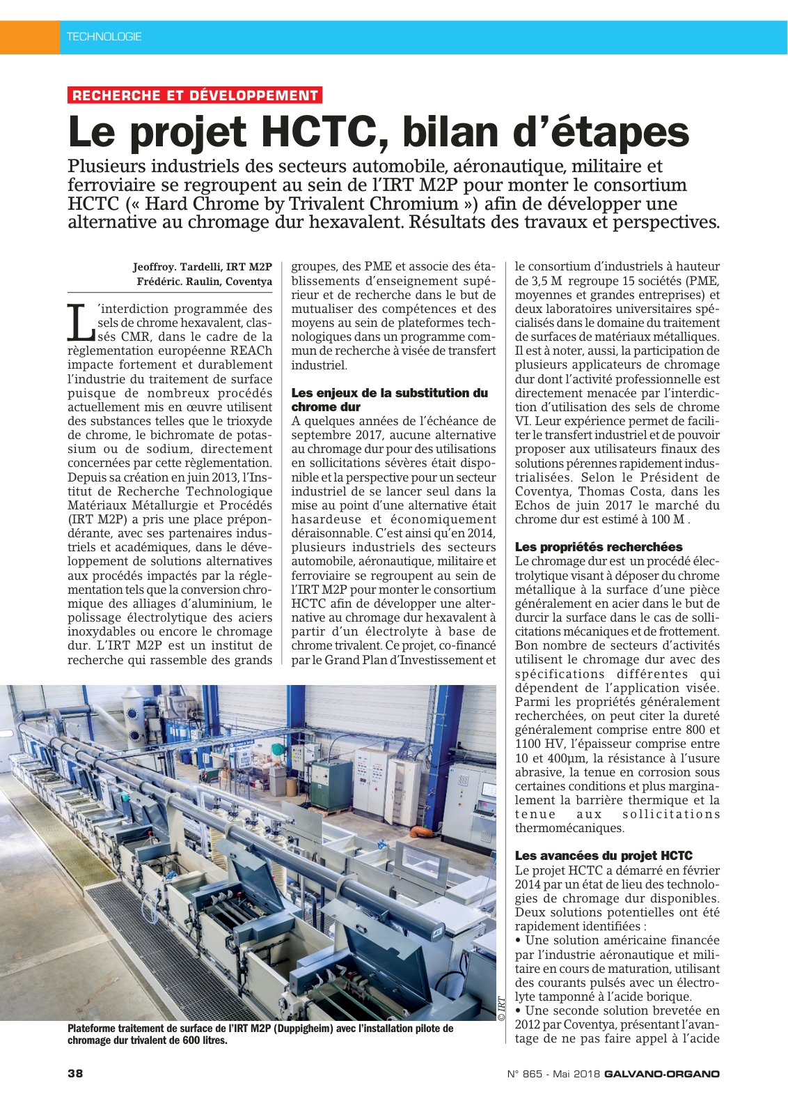 First page of le projet hctc bilan d etapes galvano organo mai 2018