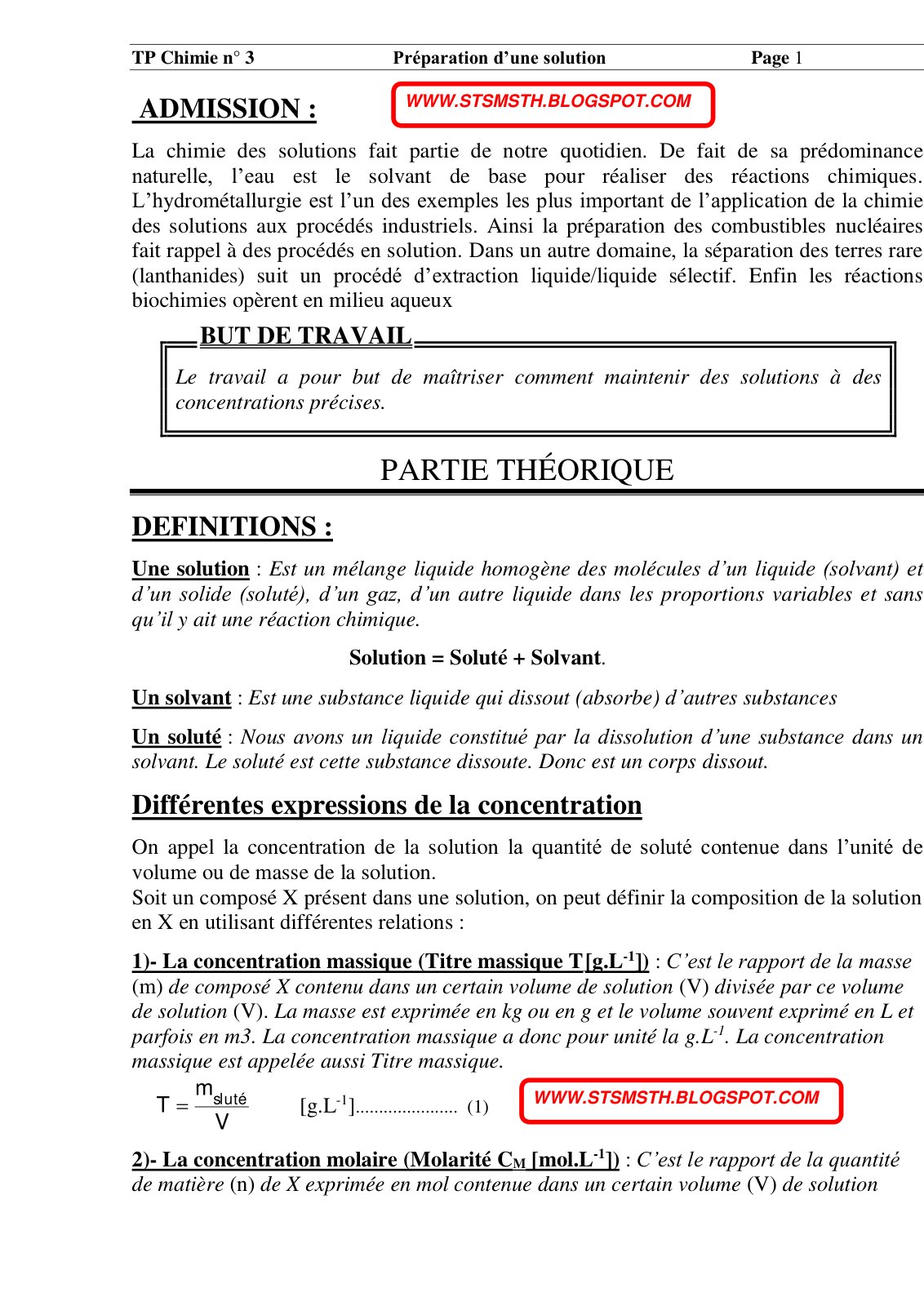First page of TP Chimie n 3