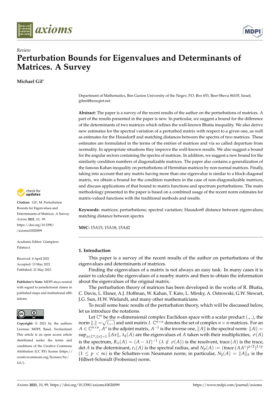 First page of Perturbation Bounds for Eigenvalues and Determinants of Matrices. A Survey