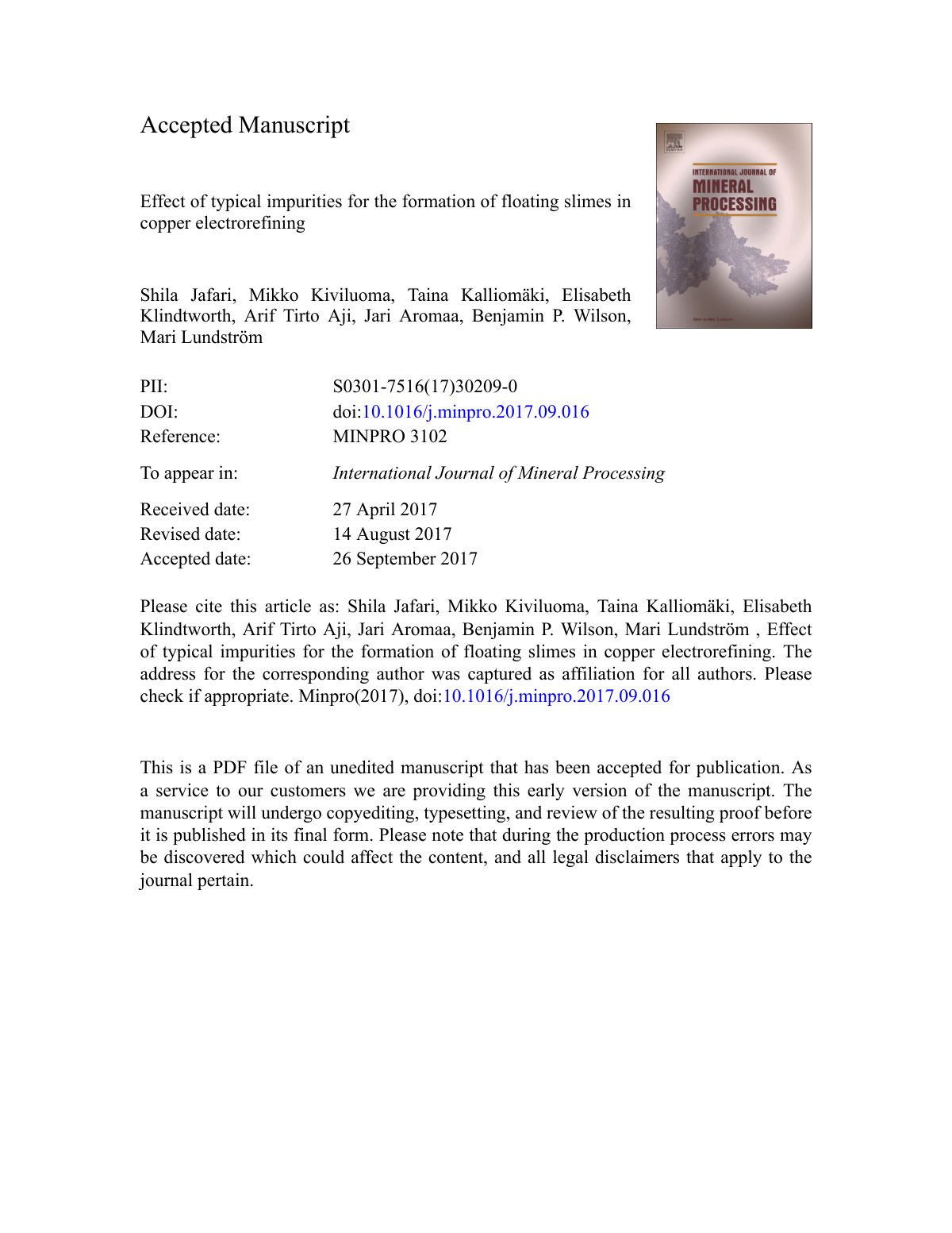 First page of Effect of typical impurities for the formation of floating slimes in copper electrorefining