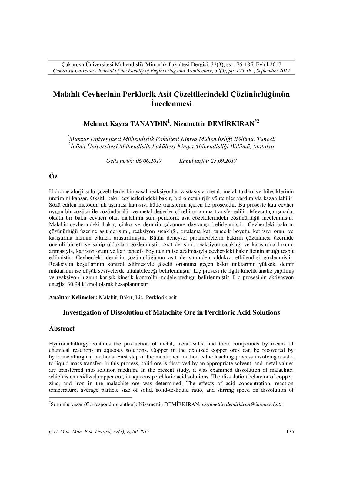 First page of Malahit Cevherinin Perklorik Asit Çözeltilerindeki Çözünürlüğünün İncelenmesi
