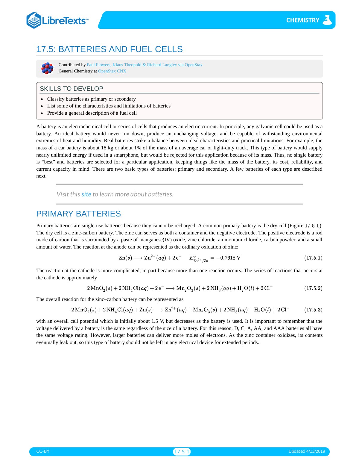 First page of LibreTexts  Louisville Collegiate School  Chapters  17  Electrochemistry  17.5  Batteries and Fuel Cells