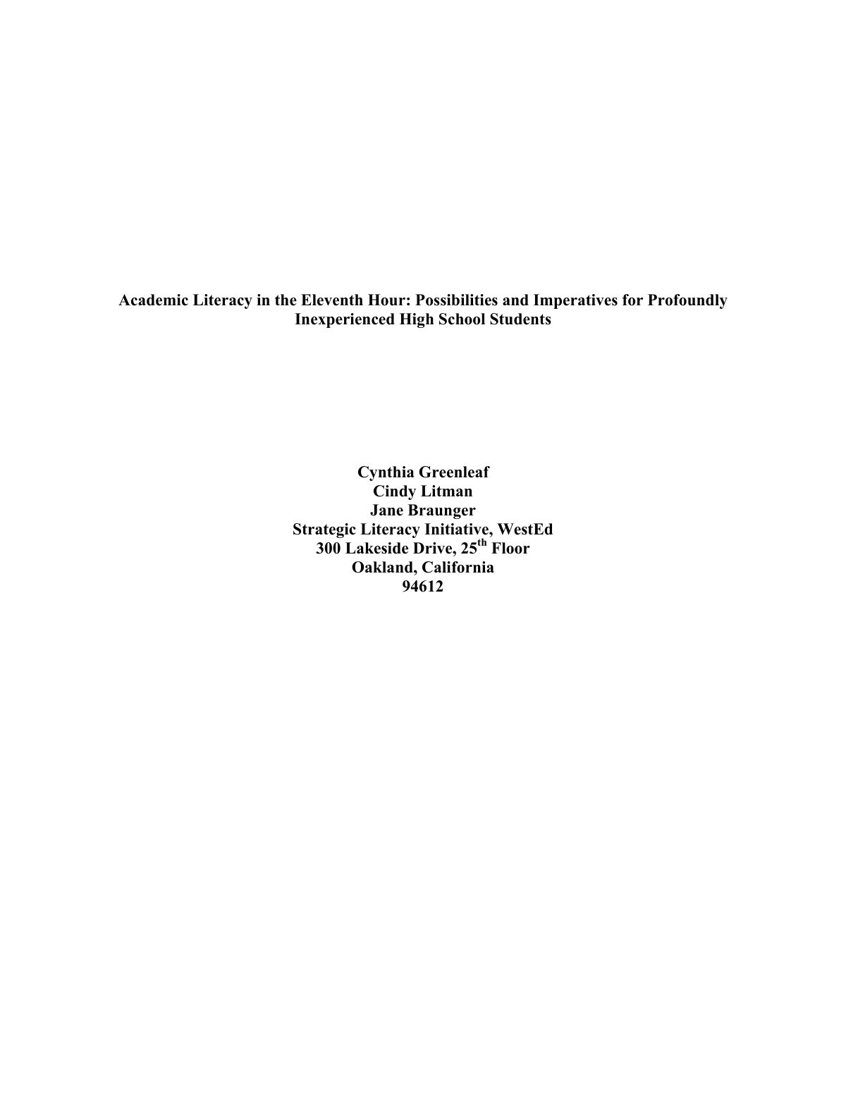 First page of Academic Literacy in the Eleventh Hour P