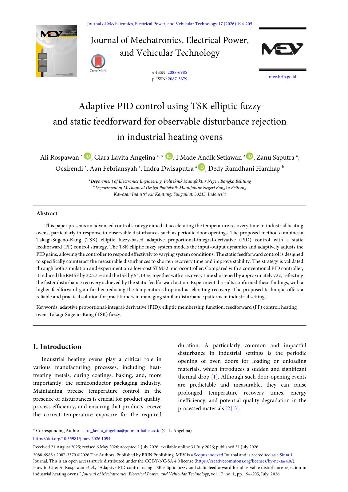 First page of Adaptive PID control using TSK elliptic fuzzy and static feedforward for observable disturbance rejection in industrial heating ovens