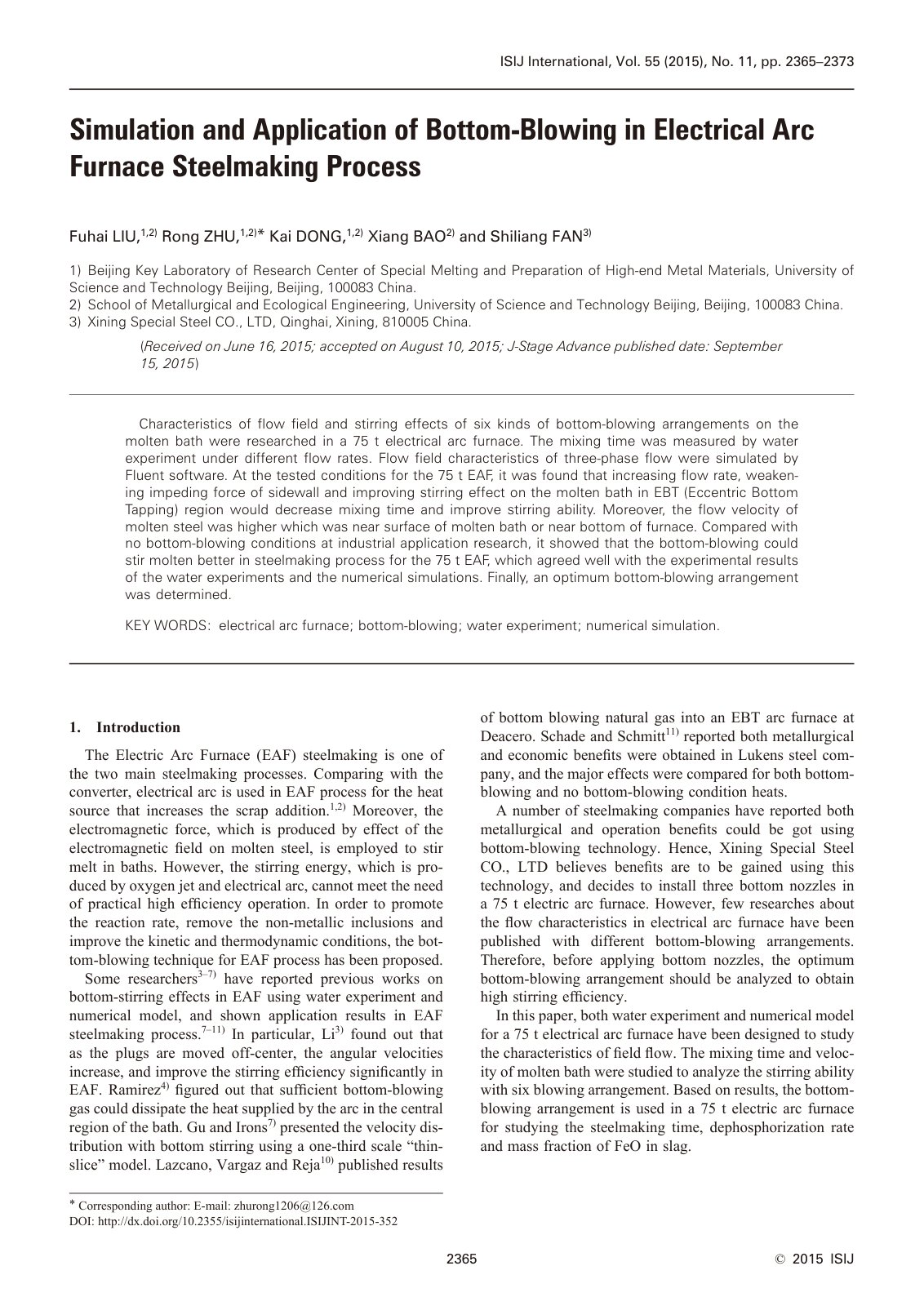 First page of 2015 Fuhai Liu Simulation and Application of Bottom Blowing in Electrical Arc Furnace Steelmaking Process isijinternational.isijint 2015 352