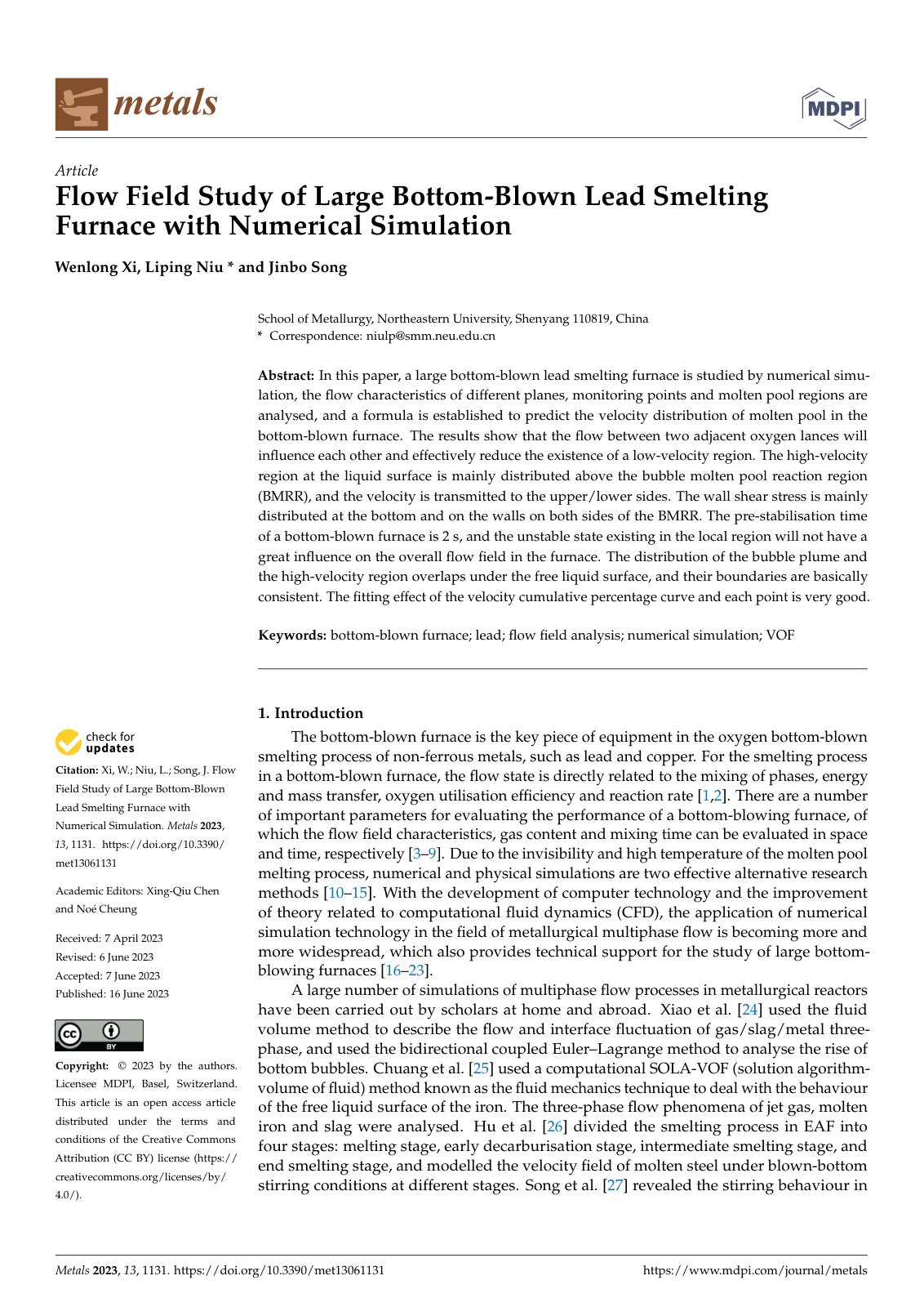 First page of 2023 Wenlong Xi Flow Field Study of Large Bottom Blown Lead Smelting Furnace with Numerical Simulation met13061131
