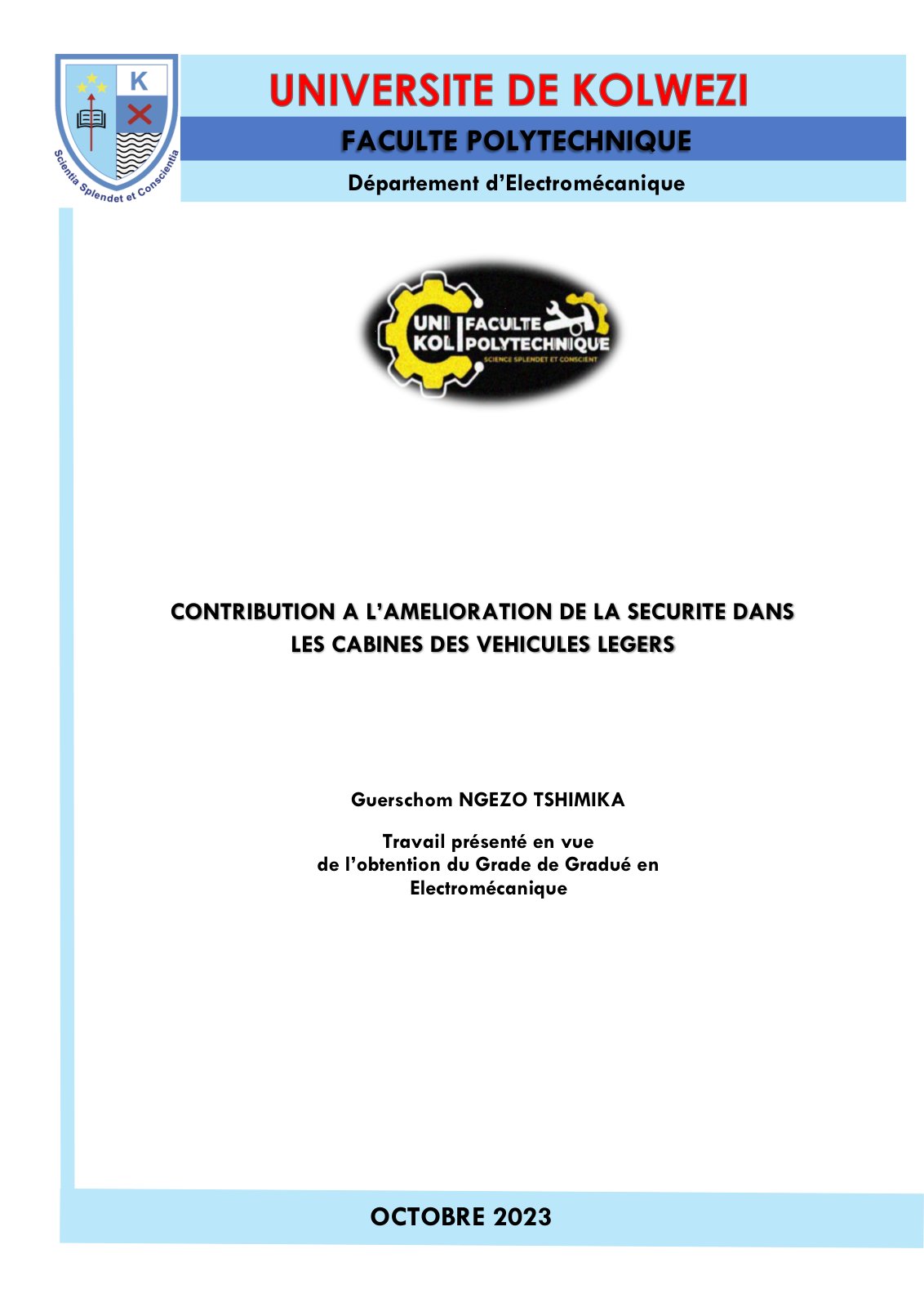First page of CONTRIBUTION A L’AMELIORATION DE LA SECURITE DANS LES CABINES DES VEHICULES LEGERS