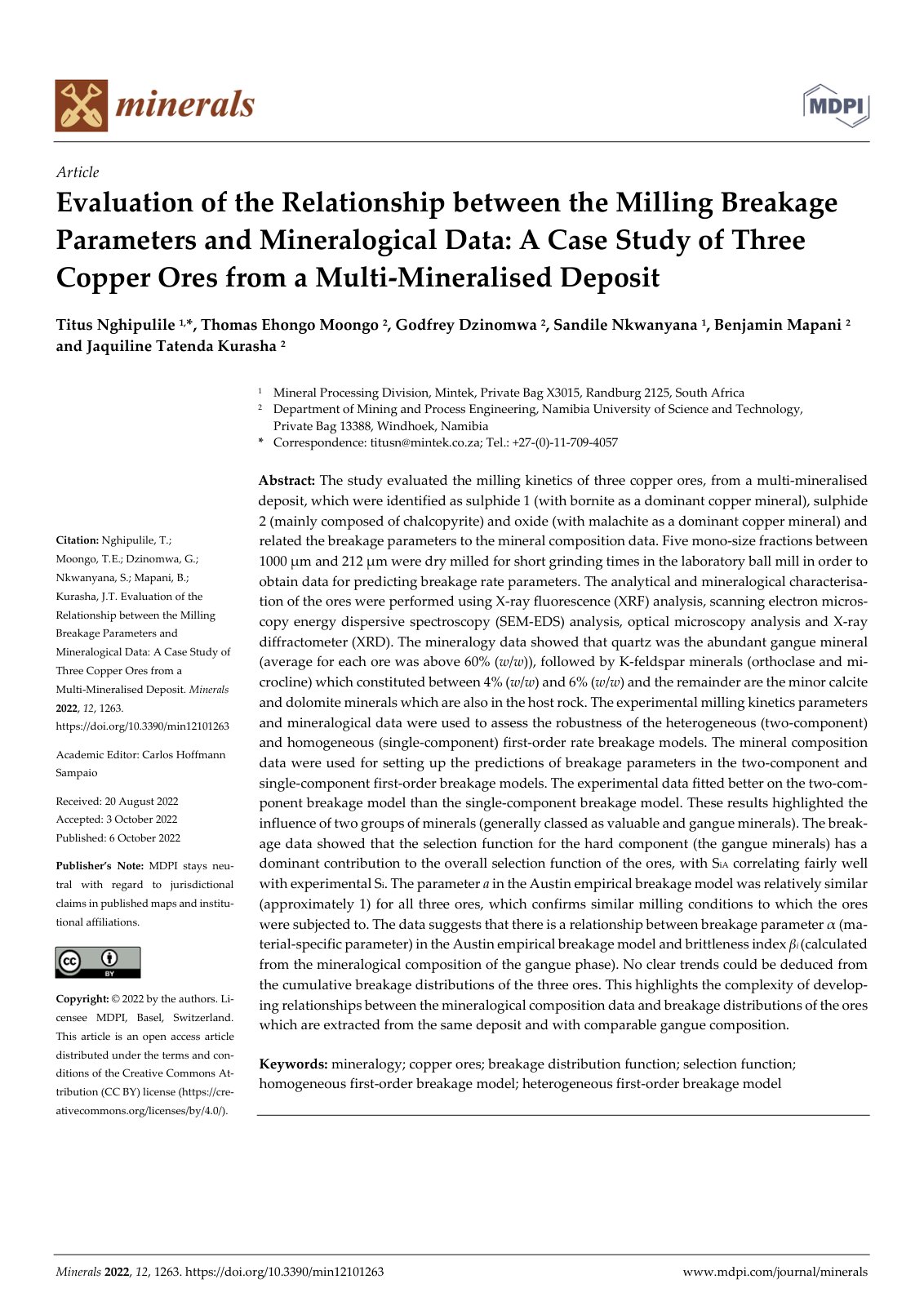 First page of Minerals 2022, 12, 1263. https://doi.org/10.3390/min12101263
