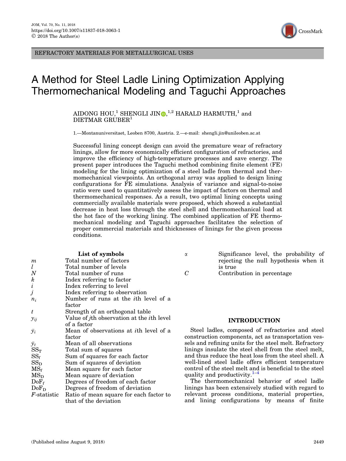 First page of REFRACTORY MATERIALS FOR METALLURGICAL USES A Method for Steel Ladle Lining Optimization Applying Thermomechanical Modeling and Taguchi Approaches