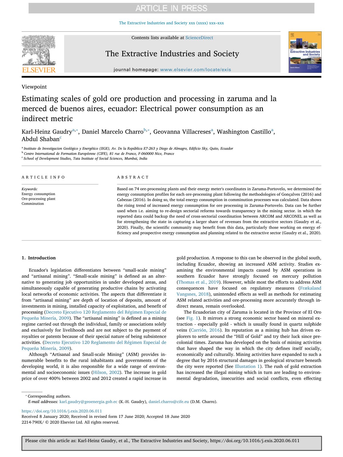 First page of Estimating scales of gold ore production and processing in zaruma and la merced de buenos aires, ecuador: Electrical power consumption as an indirect metric