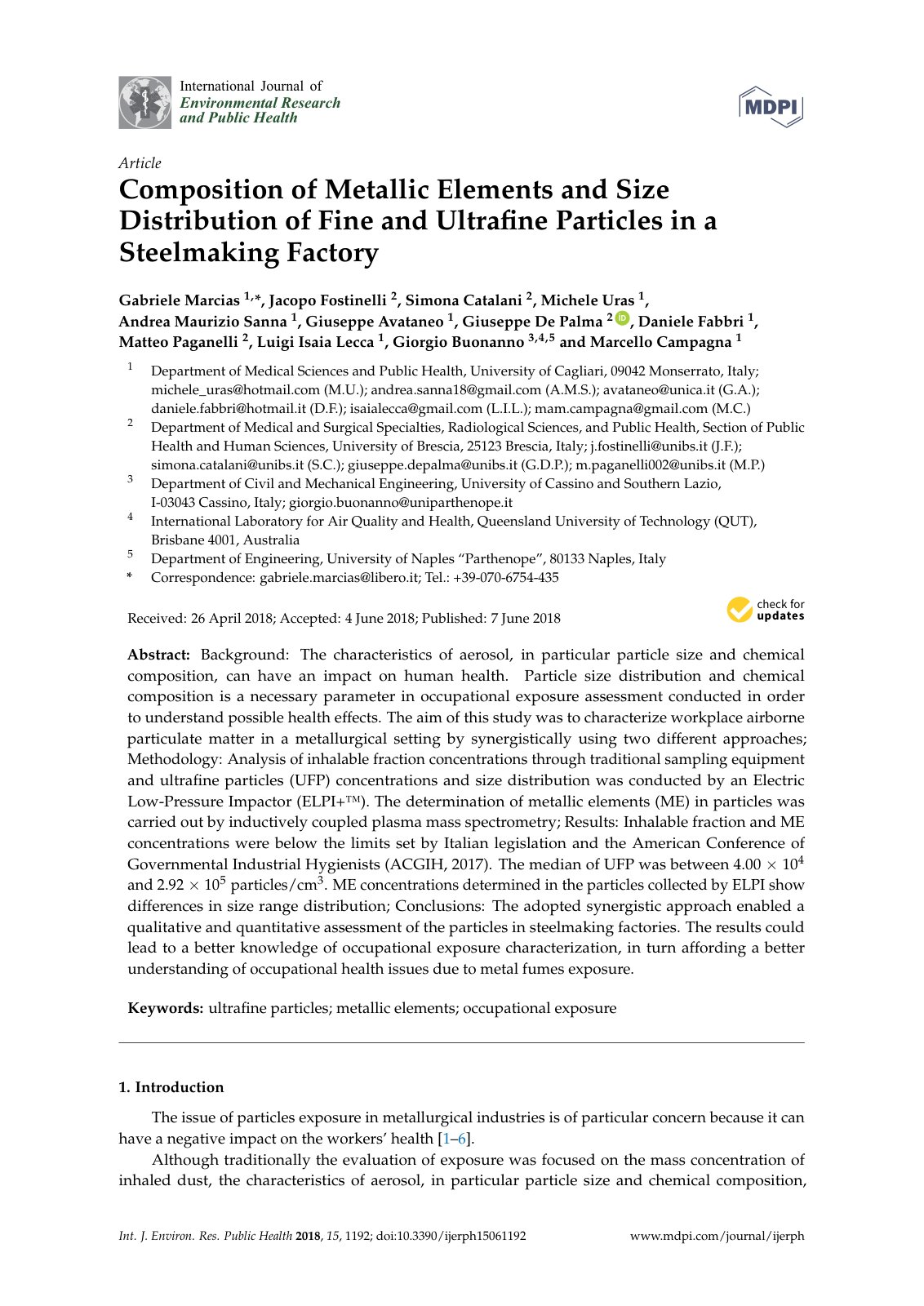 First page of Composition of Metallic Elements and Size Distribution of Fine and Ultraﬁne Particles in a Steelmaking Factory