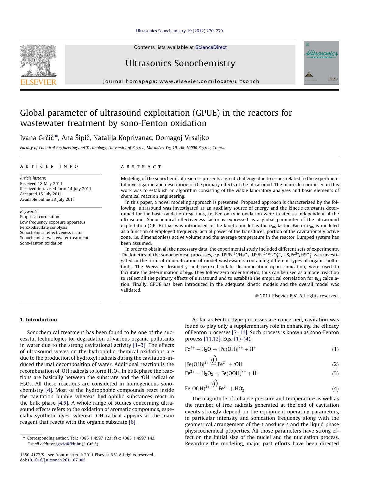 First page of Global parameter of ultrasound exploitation (GPUE) in the reactors for wastewater treatment by sono-Fenton oxidation