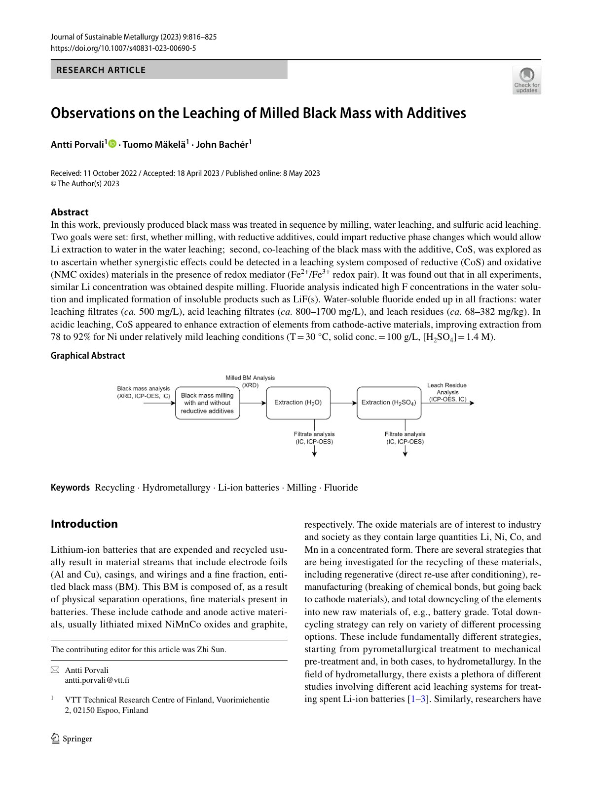 First page of 2023   Porvali   Milled black mass leaching with additives