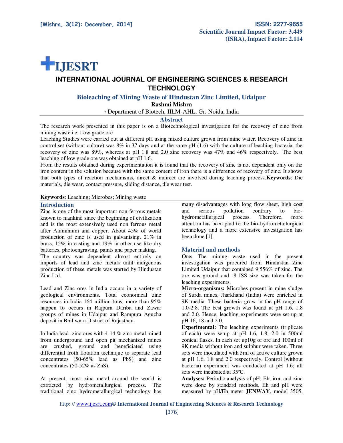 First page of Bioleaching of Mining Waste of Hindustan Zinc Limited, Udaipur