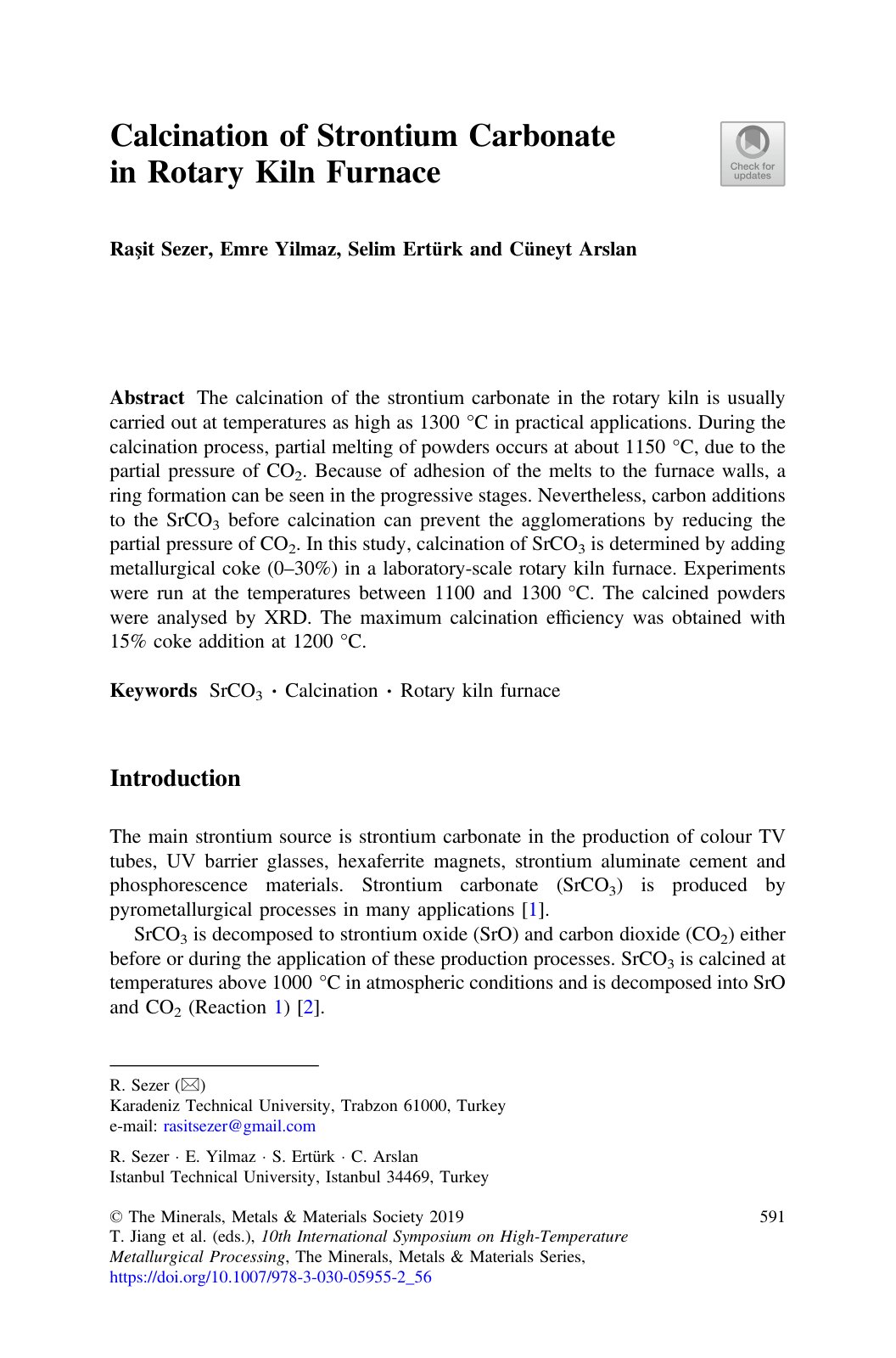 First page of Calcination of Strontium Carbonate in Rotary Kiln Furnace