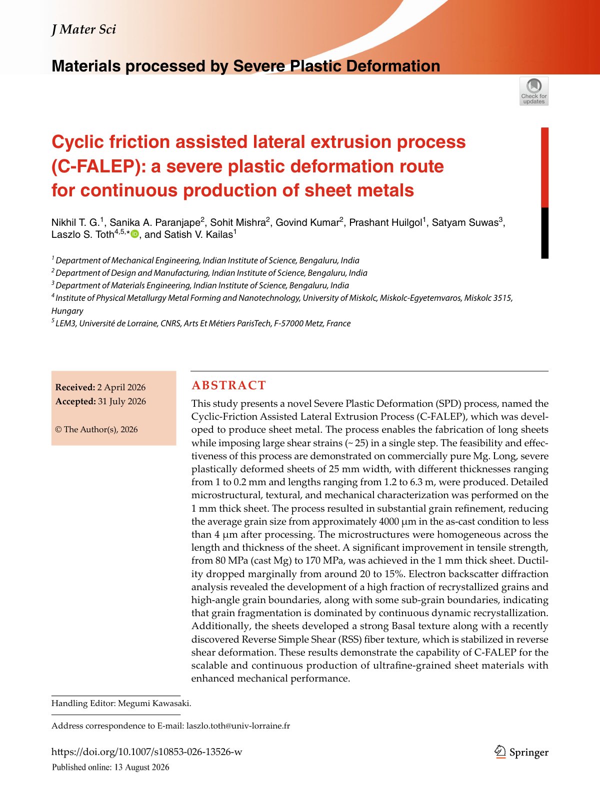 First page of 2026 Nikhil CFALEP Severe Plastic Deformation