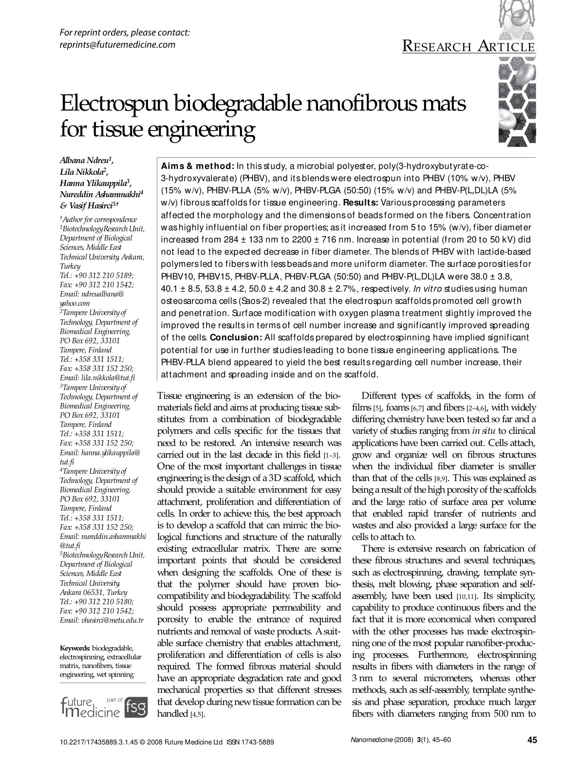 First page of Electrospun biodegradable nanofibrous ma
