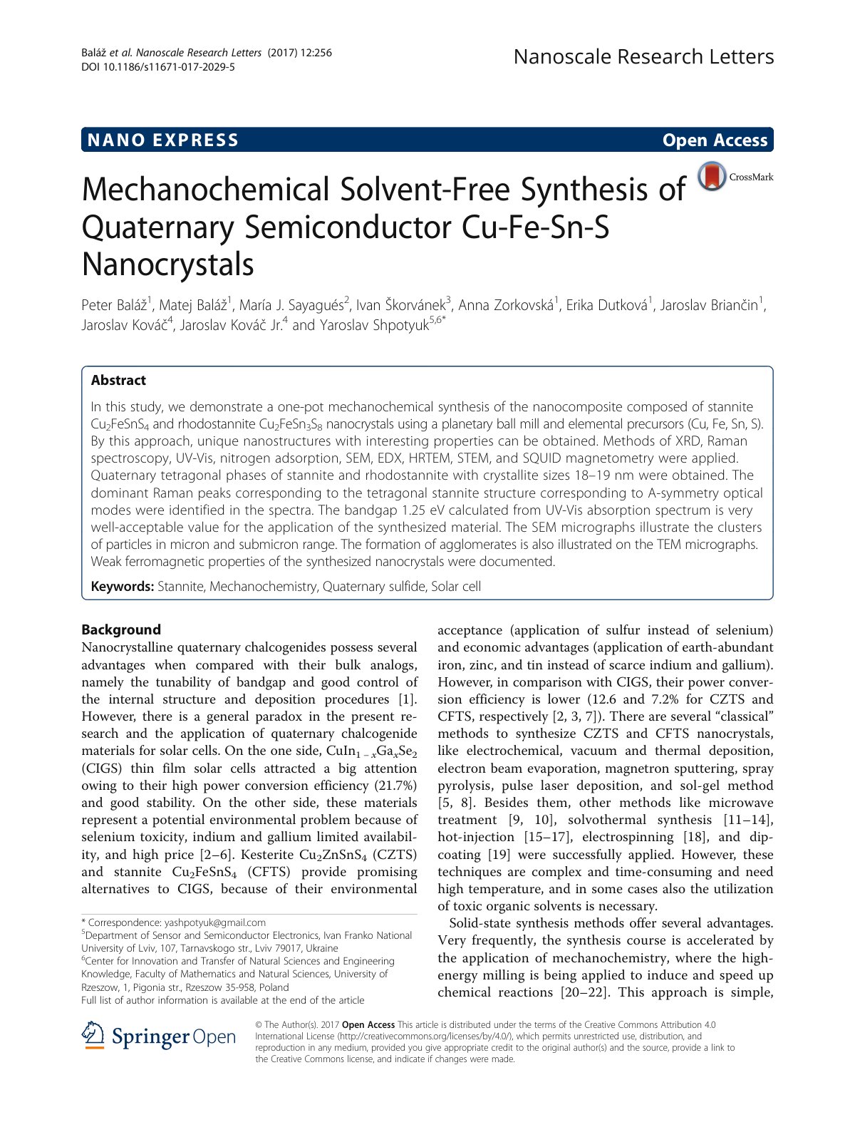 First page of Mechanochemical Solvent-Free Synthesis of Quaternary Semiconductor Cu-Fe-Sn-S Nanocrystals