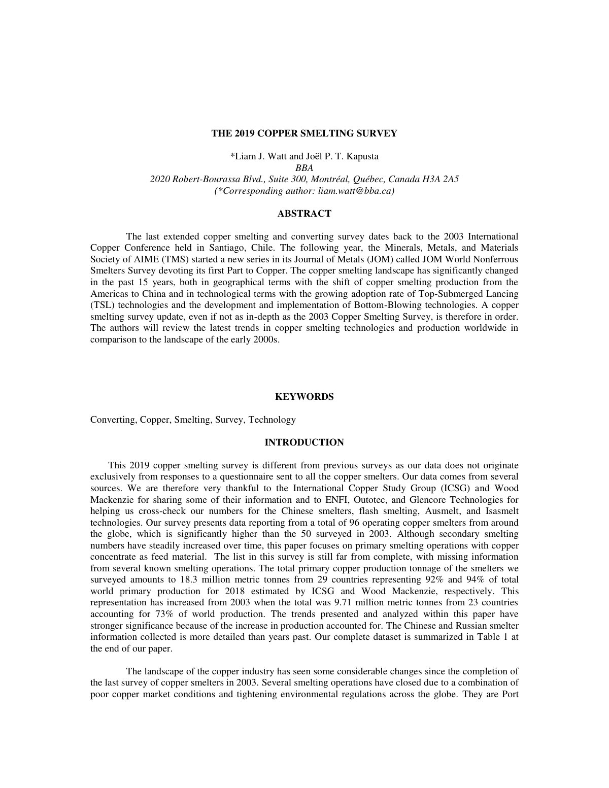 First page of THE 2019 COPPER SMELTING SURVEY