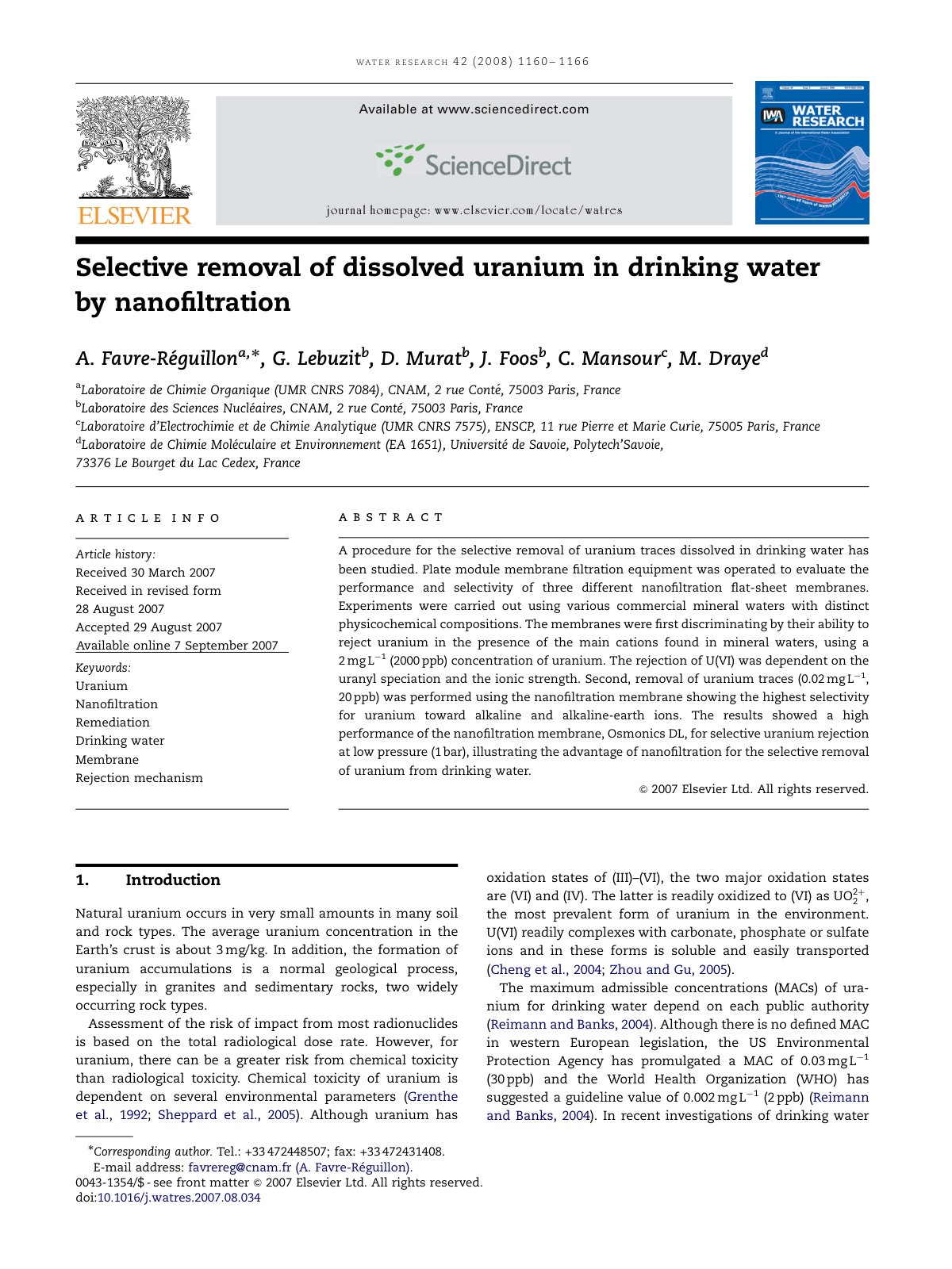 First page of Selective removal of dissolved uranium i