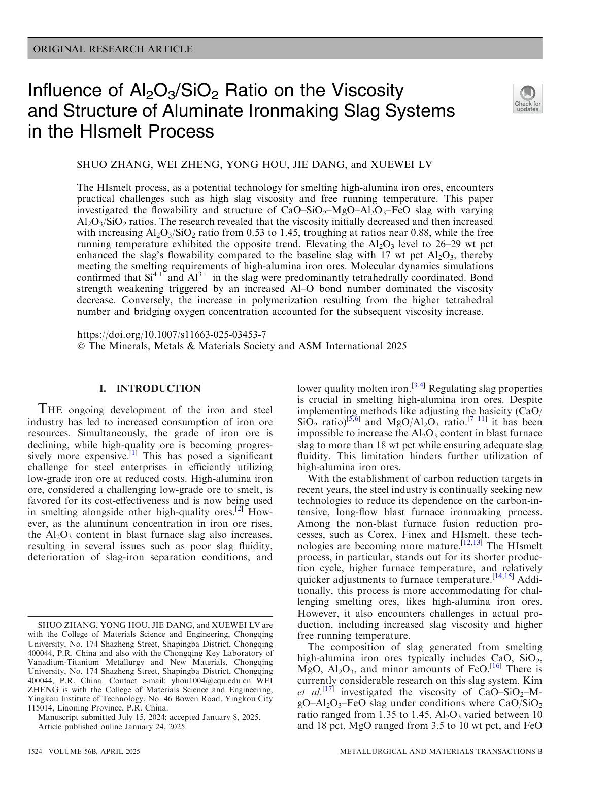 First page of Inﬂuence of Al 2O3/SiO2 Ratio on the Viscosity and Structure of Aluminate Ironmaking Slag Systems in the HIsmelt Process