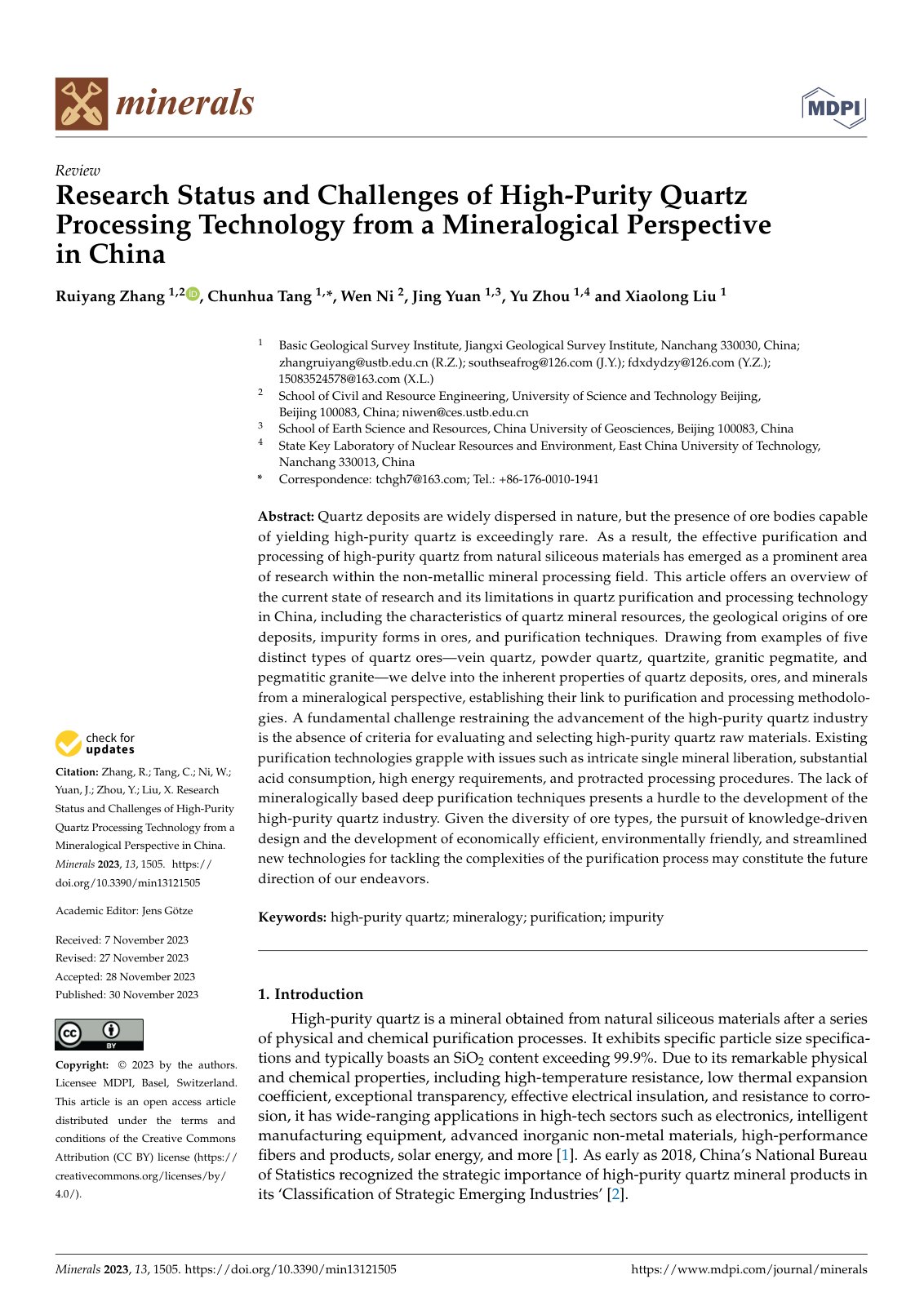 First page of 2023 Ruiyang Zhang Research Status and Challenges of High Purity Quartz Processing Technology from a Mineralogical Perspecti min13121505