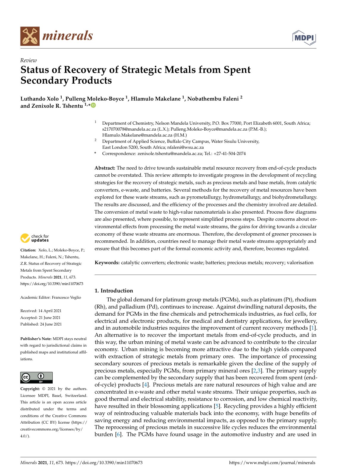 First page of Status of Recovery of Strategic Metals f