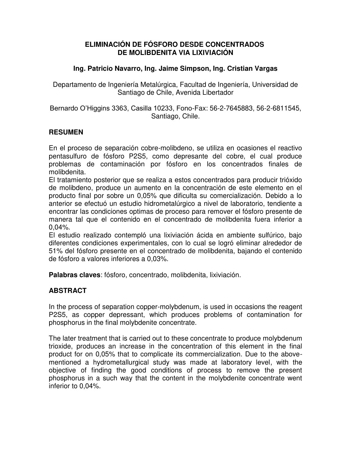First page of Eliminacion De Fosforo Desde Concentrado