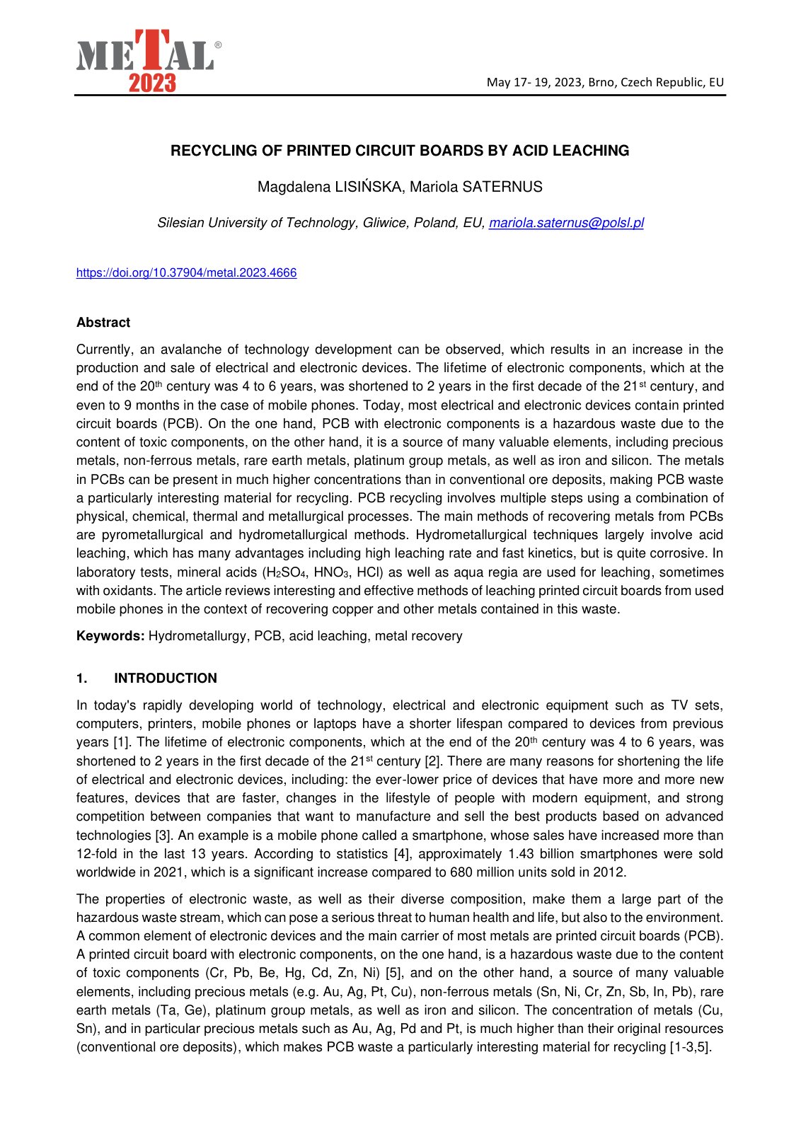 First page of Recycling of printed circuit boards by a