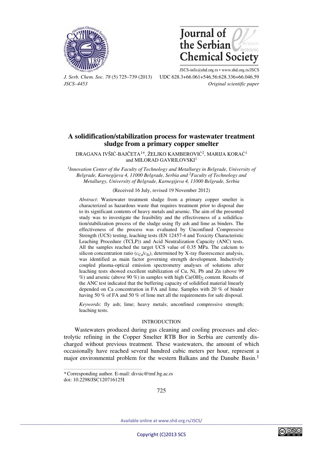 First page of A solidification/stabilization process for wastewater treatment sludge from a primary copper smelter