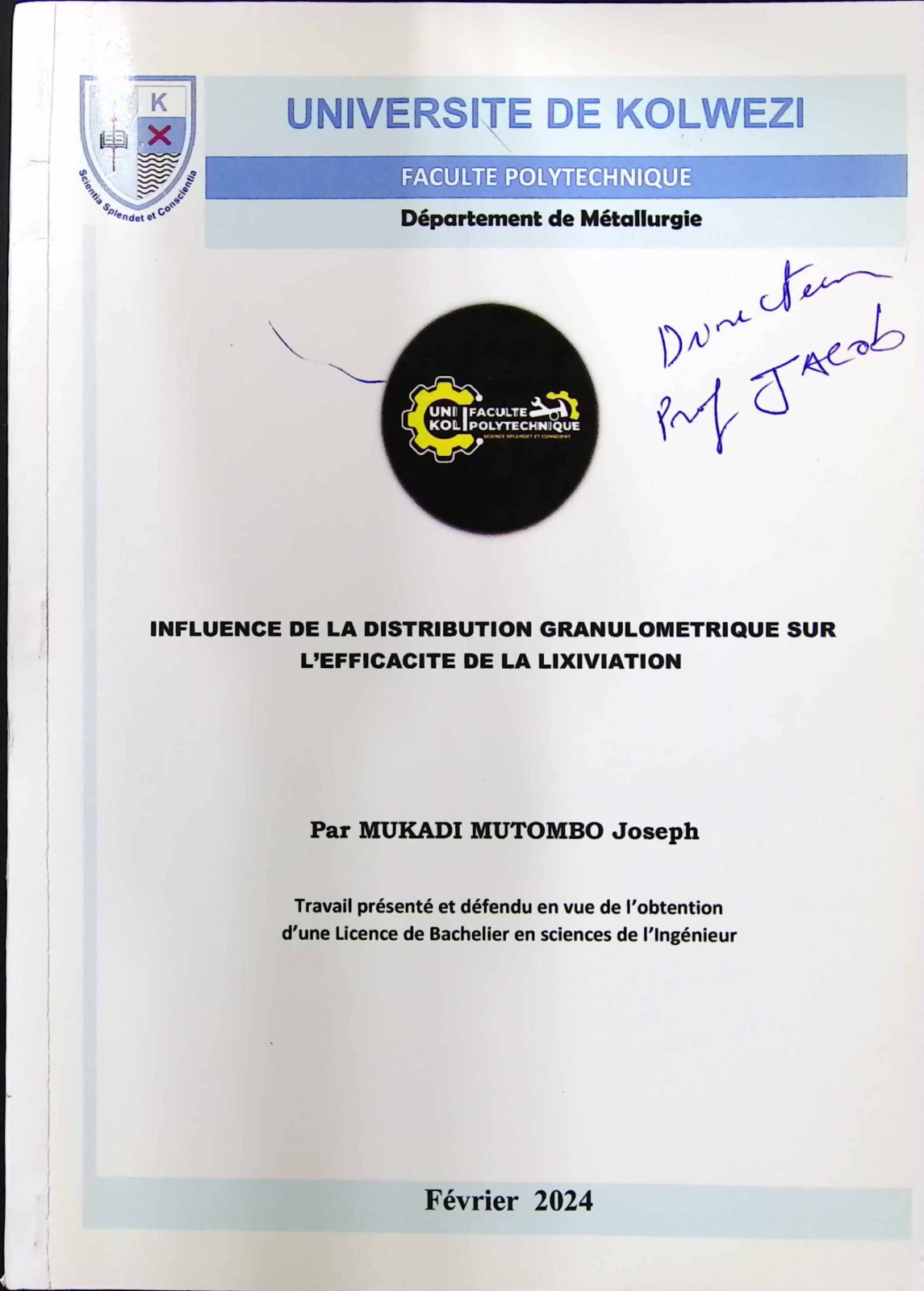 First page of INFLUENCE DE LA DISTRIBUTION GRANULOMETRIQUE SUR L’EFFICACITE DE LA LIXIVIATION