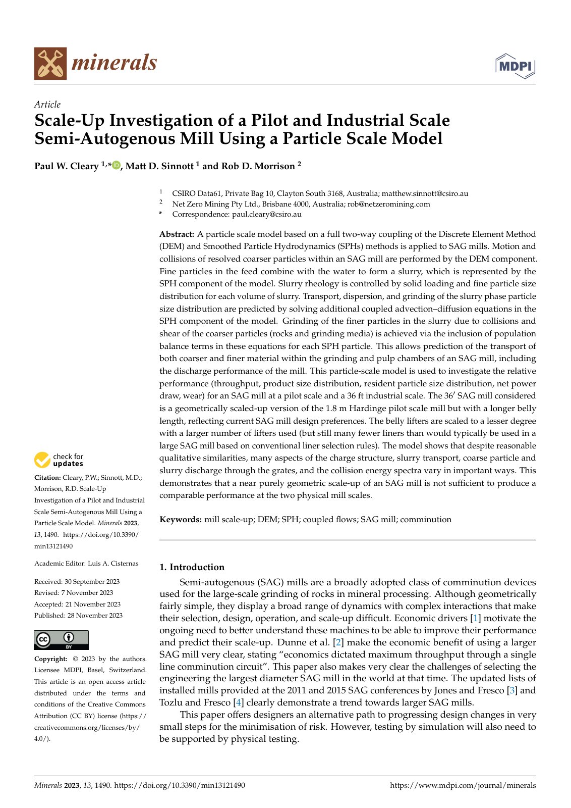 First page of Scale-Up Investigation of a Pilot and Industrial Scale Semi-Autogenous Mill Using a Particle Scale Model