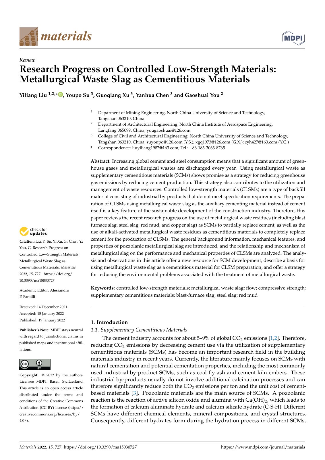 First page of 2022 Yiliang Liu Research Progress on Controlled Low Strength Materials Metallurgical Waste Slag as Cementitious Materials ma15030727