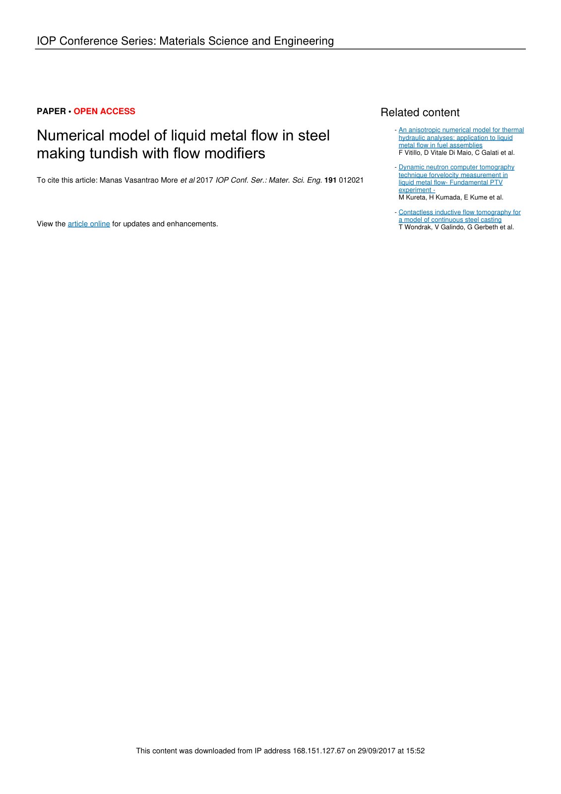 First page of Numerical model of liquid metal flow in