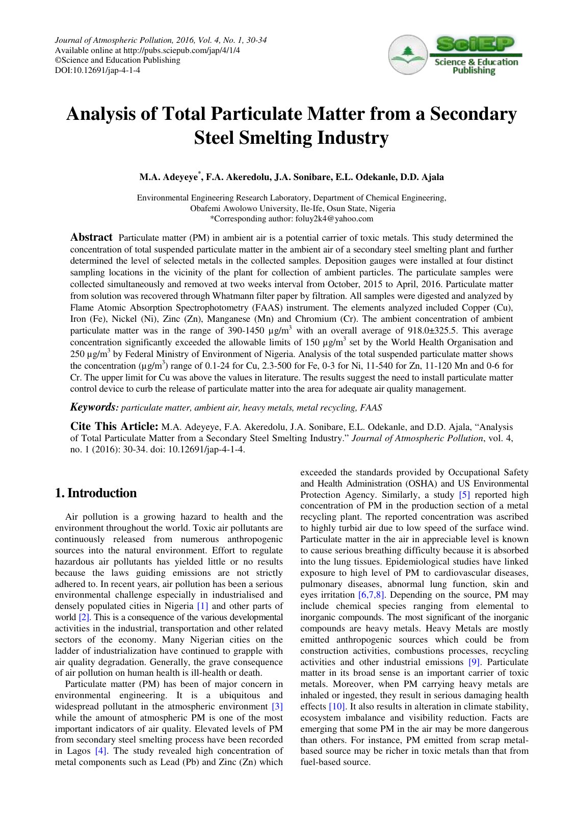 First page of Analysis of Total Particulate Matter from a Secondary Steel Smelting Industry