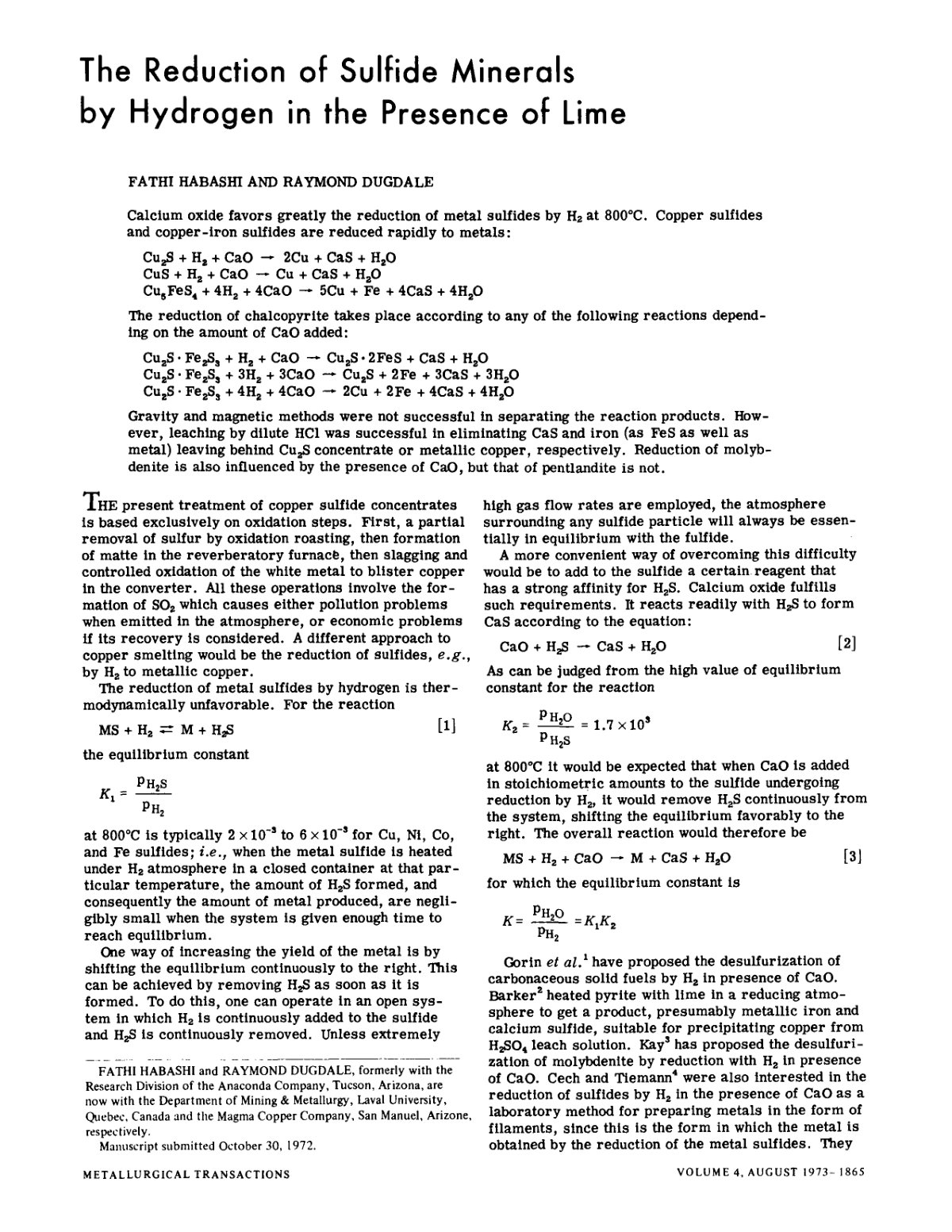 First page of The reduction of sulfide minerals by hyd