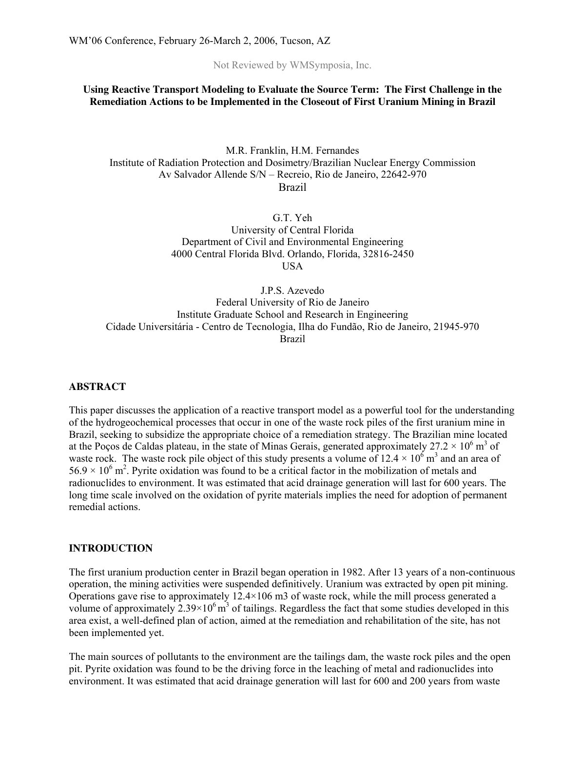 First page of Using Reactive Transport Modeling to Evaluate the Source Term: The First Challenge in the Remediation Actions to be Implemented in the Closeout of First Uranium Mining in Brazil