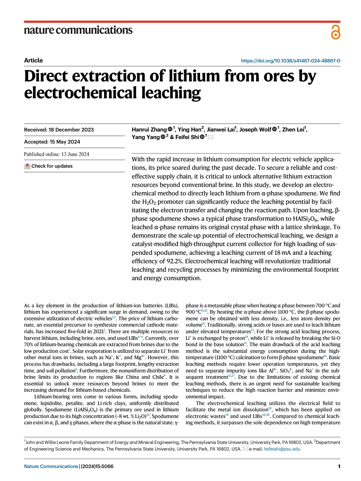 First page of Direct extraction of lithium from ores by electrochemical leaching
