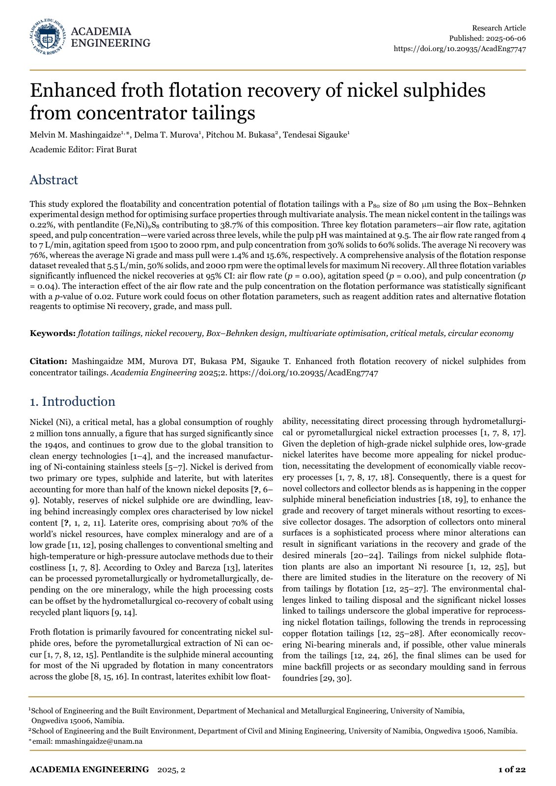 First page of Enhanced froth flotation recovery of nic